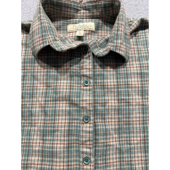 Cabelas Womens L Plaid Soft Flannel Shirt Teal Tan Brown Cotton Shirt (D34) - Picture 3 of 14